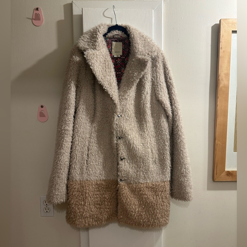 Anthropologie Elevenses Cream and Tan Teddy Bear Faux Fur Type Jacket Size L